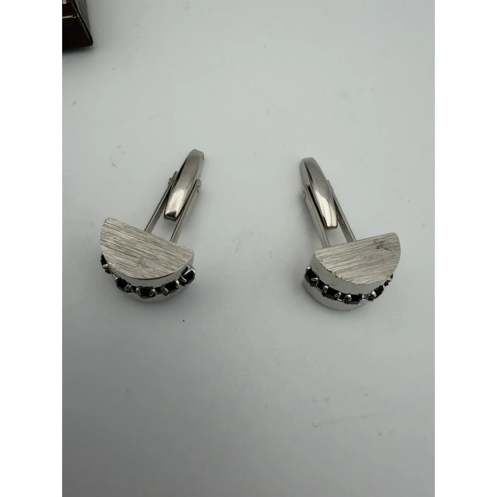 Unique Vintage Black Stone Silver Tone Cufflinks With Tie Chain/Pin/Clasp & Box